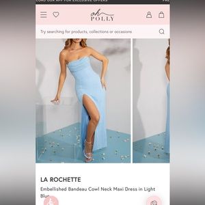 Brand new never worn Oh Polly light blue beaded prom gown with slit. Size 2.